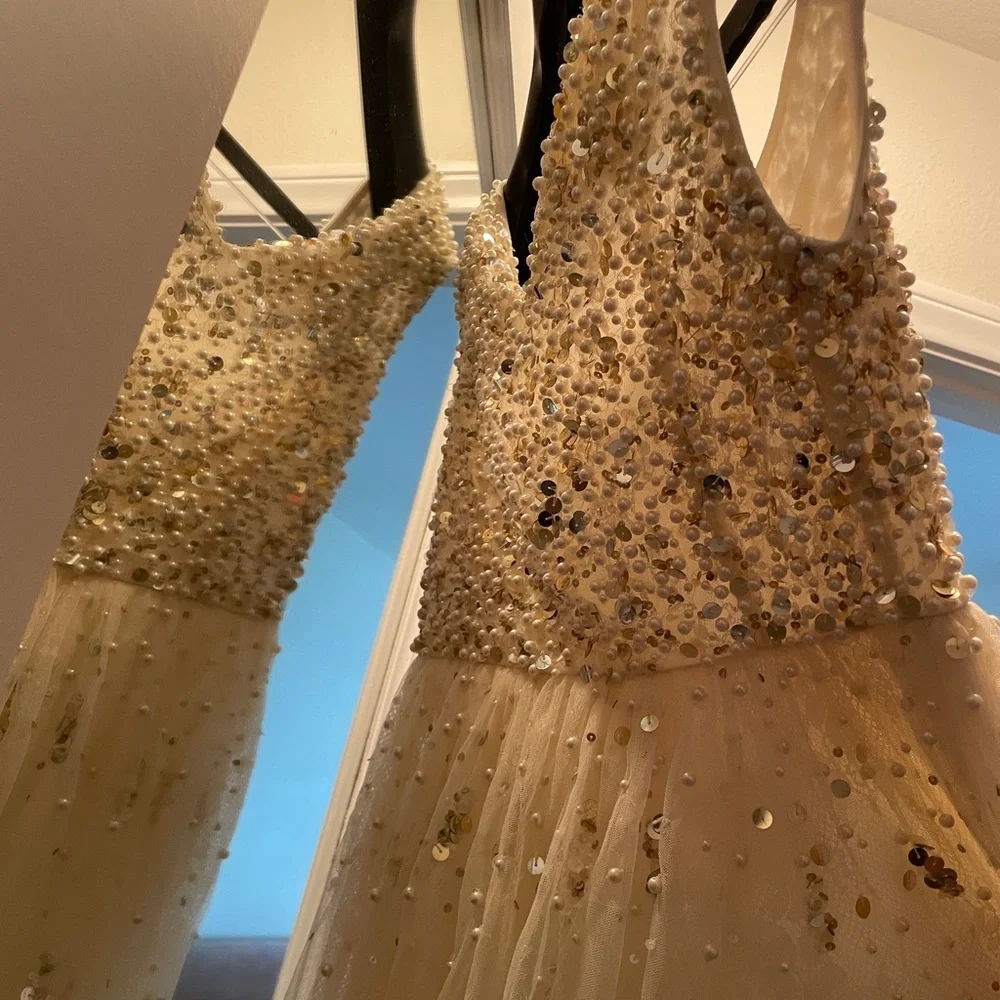 Free People Champagne Shine So Bright Dress Tulle Lace Beads Pearls Size 2 - Picture 7 of 10